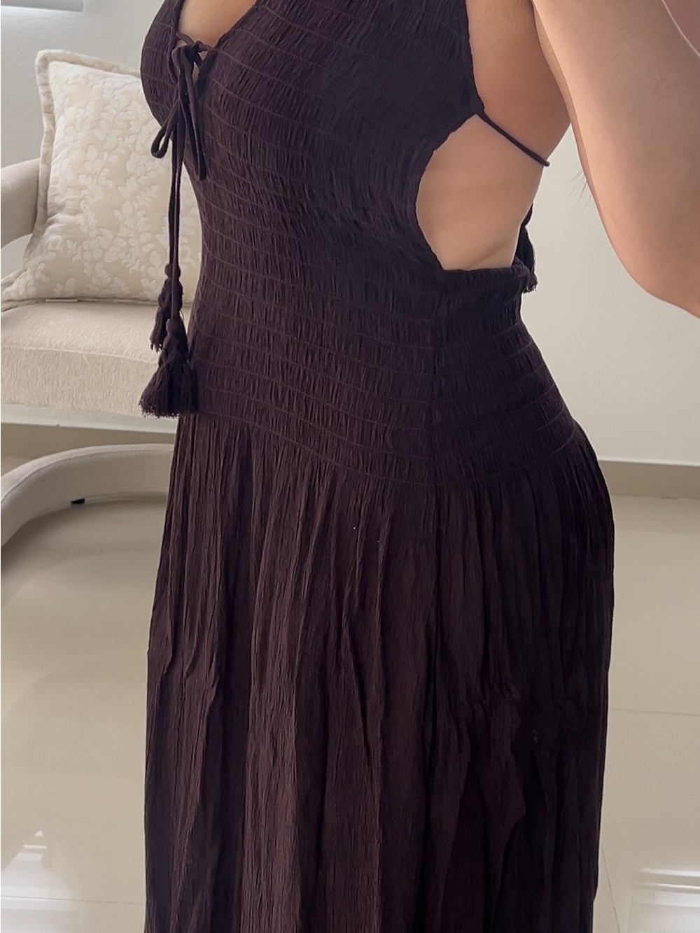 Women’s Brown Smocked Maxi Dress with Tassel Tie